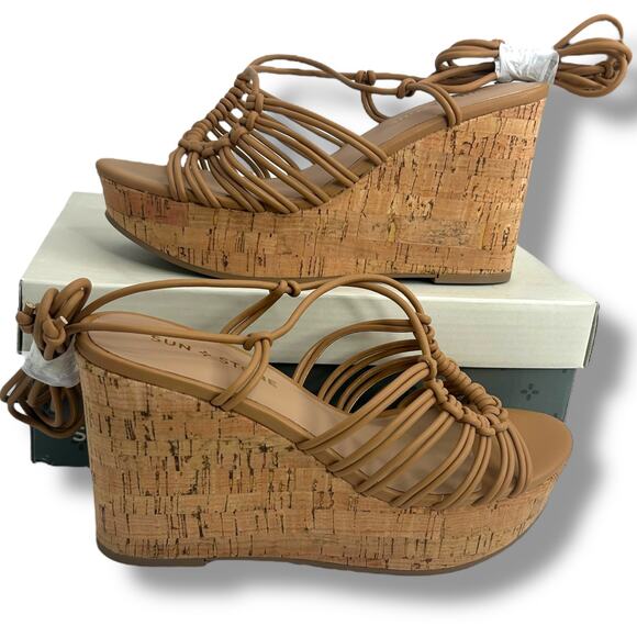 NEW Sun + Stone Strappy Lace Up Wedge Sandals Size 7 Brown Ankle Wrap Cork Heels - Picture 4 of 12